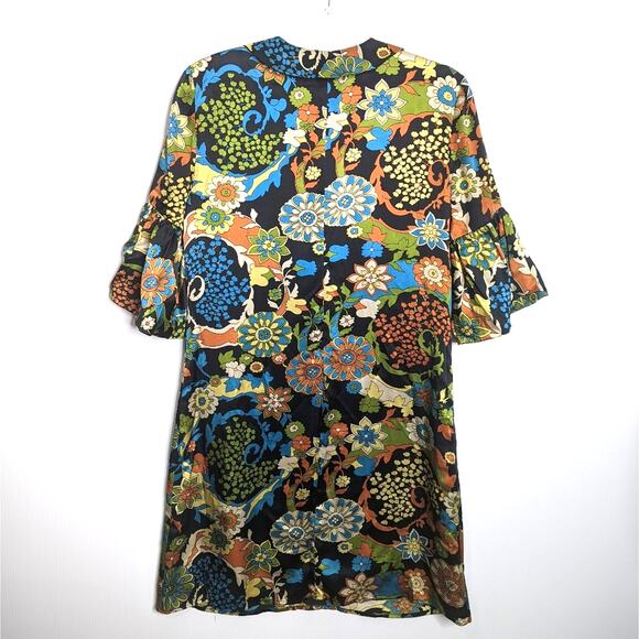 Vintage Y2K Single Dress Silk Floral Psychedelic Pattern Collared Tulip Sleeve - Picture 2 of 12